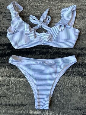 AMAZON Blue & White Striped Bikini With Ruffle Top